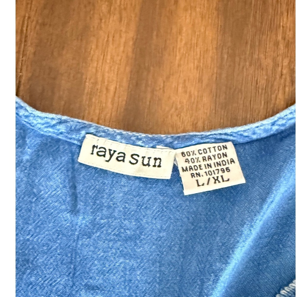 Raya Sun Womens Blue Embroidered V-Neck Tunic Top L/XL Boho Cotton Rayon - Picture 6 of 9